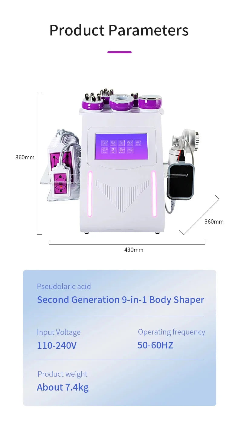 9 In 1 80K RF Radiofrequency Vacuum Laser Lipo Slimming Cables Ultrasonic Liposuction Cavitation Face Lifting Machine Body Sha